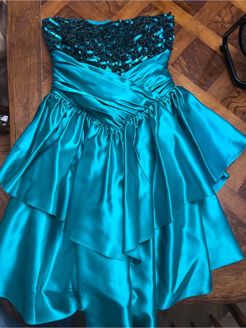 Zum Zum by Niki Livas Teal Satin Mini Dress with Sequined Bodice